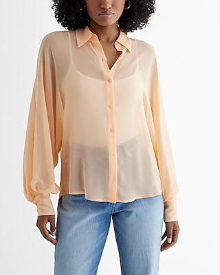 Sheer Dolman Long Sleeve Button Up Shirt Orange Women's