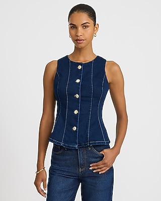 Stretch Denim Crew Neck Novelty Button Top