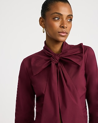 Stretch Cotton Poplin Tie Neck Essential Shirt