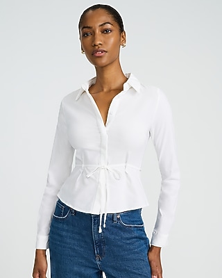 Long Sleeve Tie Waist Fitted Shirt