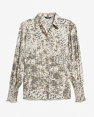 Image of Animal Print Smocked Cuff Shirt Gray Print Women's XS
