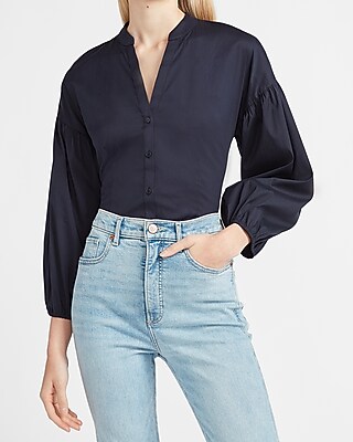 Image of Balloon Sleeve Button-Up Shirt Blue Women's XXS