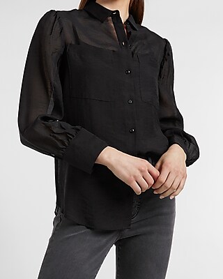 Patch Pocket Puff Sleeve Shirt Black Women's XXS