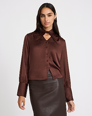Satin Collared Keyhole V-Neck Long Sleeve Shirt