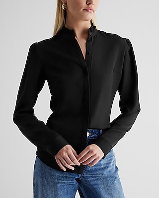 Relaxed Ruffle Neck Portofino Shirt Black Women's XS