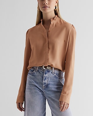 Relaxed Ruffle Neck Portofino Shirt Brown Women's M
