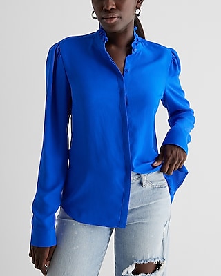 Relaxed Ruffle Neck Portofino Shirt Blue Women's XS