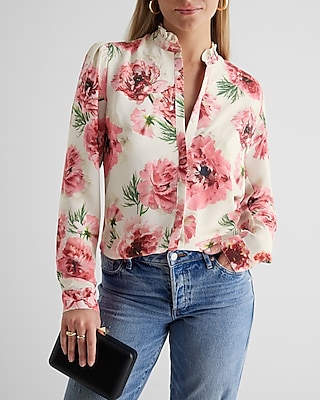 Floral Ruffle Neck Relaxed Portofino Shirt