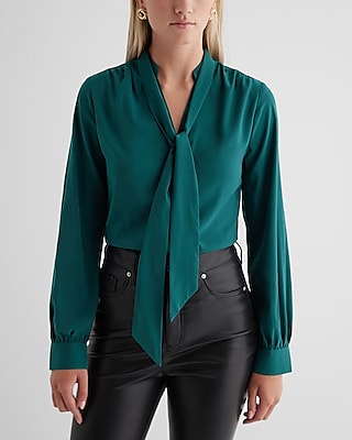 Relaxed Satin Long Sleeve Tie Neck Portofino Shirt Green Women's M