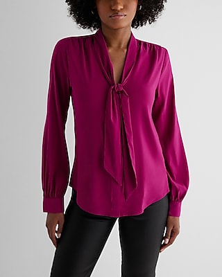 Relaxed Satin Long Sleeve Tie Neck Portofino Shirt