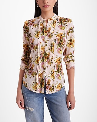 Slim Floral Pleated Portofino Shirt Multi-Color Women's