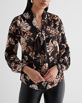 Relaxed Satin Floral Striped Tie Neck Portofino Shirt