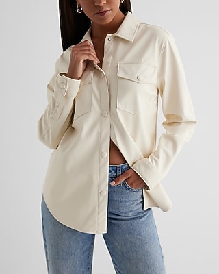 Faux Leather Drop Shoulder Oversized Shacket White Women's S