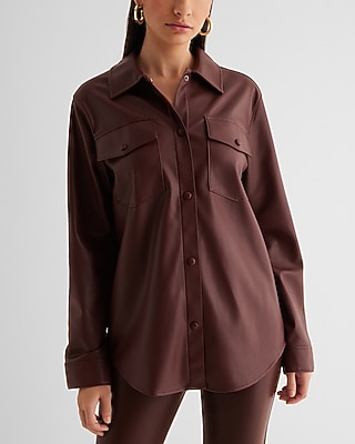 Faux Leather Drop Shoulder Oversized Shacket Brown Women's XS