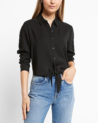 Tie Front Relaxed Portofino Shirt Black Women's XS