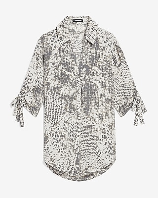 Image of Animal Print Tie Sleeve Button-Up Shirt Gray Print Women's XXS