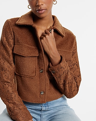 Tweed Lace Sleeve Cropped Shacket