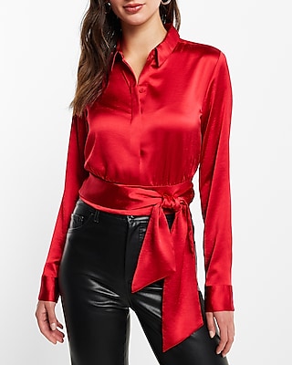 Satin Tie Front Banded Bottom Portofino Shirt Red Women's XS