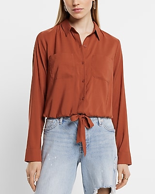 Relaxed Cinched Tie Bottom Portofino Shirt Brown Women's S