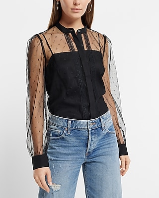 Tulle Polka Dot Long Sleeve Button Up Shirt