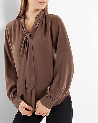 Satin Long Sleeve Tie Neck Relaxed Portofino Shirt