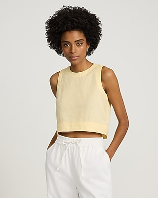 Linen-Blend Crew Neck Button Back Tank