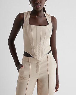 Faux Leather Linen-Blend Square Neck Corset Tank Neutral Women's S