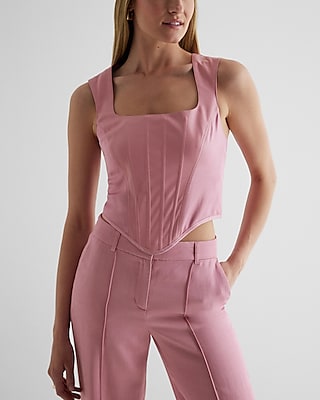 Faux Leather Linen-Blend Square Neck Corset Tank