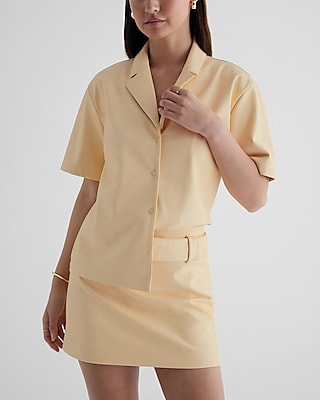 Faux Leather Button Up Boxy Shirt Yellow Women's L