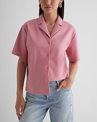 Faux Leather Button Up Boxy Shirt Pink Women's XL