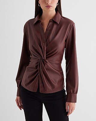 Faux Leather Twist Front Shirt Brown Women's M