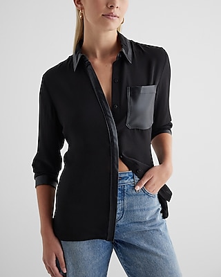 Faux Leather Pocket Tipped Relaxed Portofino Shirt Black Women's S