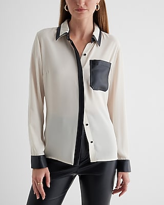 Faux Leather Pocket Tipped Relaxed Portofino Shirt Neutral Women's