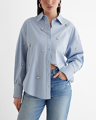 Poplin Embellished Rhinestone Boyfriend Portofino Shirt Blue Women's