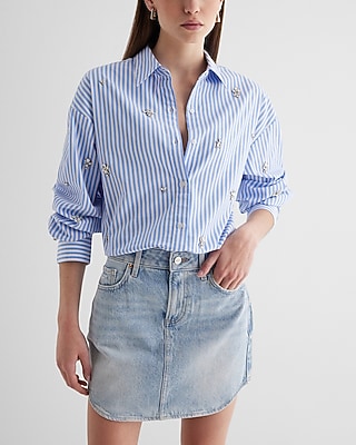 Poplin Embellished Rhinestone Striped Boyfriend Portofino Shirt