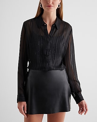 Metallic Striped Sheer Slim Portofino Shirt Black Women's XS