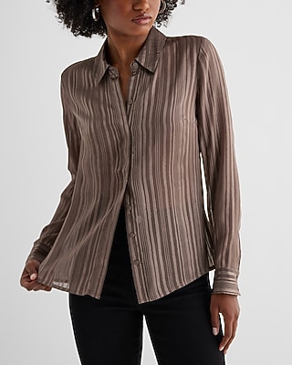 Metallic Striped Sheer Slim Portofino Shirt Brown Women's XS