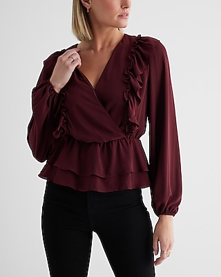 V-Neck Faux Wrap Flutter Ruffle Peplum Top Red Women's XS