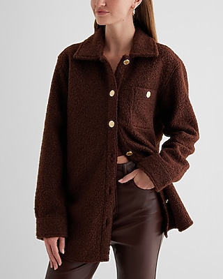 Teddy Novelty Button Shacket Brown Women's L