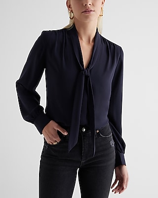 Tie Neck Slim Portofino Shirt Blue Women's XS