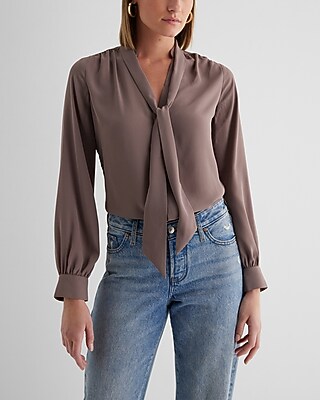 Tie Neck Slim Portofino Shirt Brown Women's S