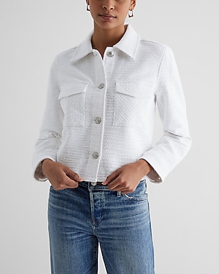 Tweed Novelty Button Cropped Shacket White Women's XL
