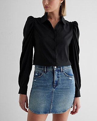 Satin Puff Shoulder Long Sleeve Portofino Shirt Black Women's M