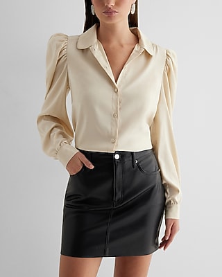 Satin Puff Shoulder Long Sleeve Portofino Shirt Neutral Women's XS