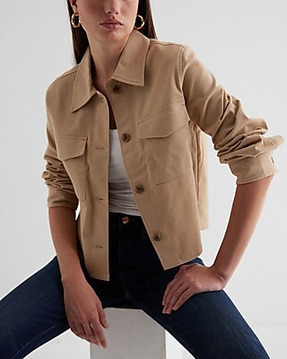 Twill Cropped Shacket Brown Women's M