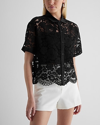 Lace Short Sleeve Button Up Shirt Black Women's XS