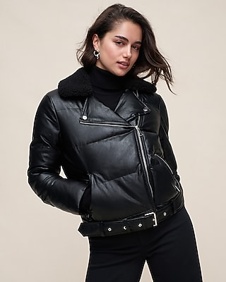 Faux Leather Fur Collar Belted Hem Puffer Moto Jacket