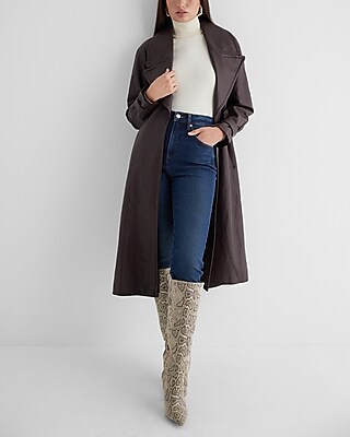 Faux Leather Belted Trench Coat Brown Women's XL
