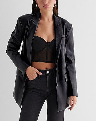 Faux Leather Belted Oversized Boyfriend Blazer