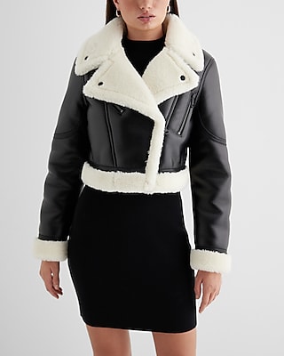Faux Leather Sherpa Lined Cropped Moto Jacket